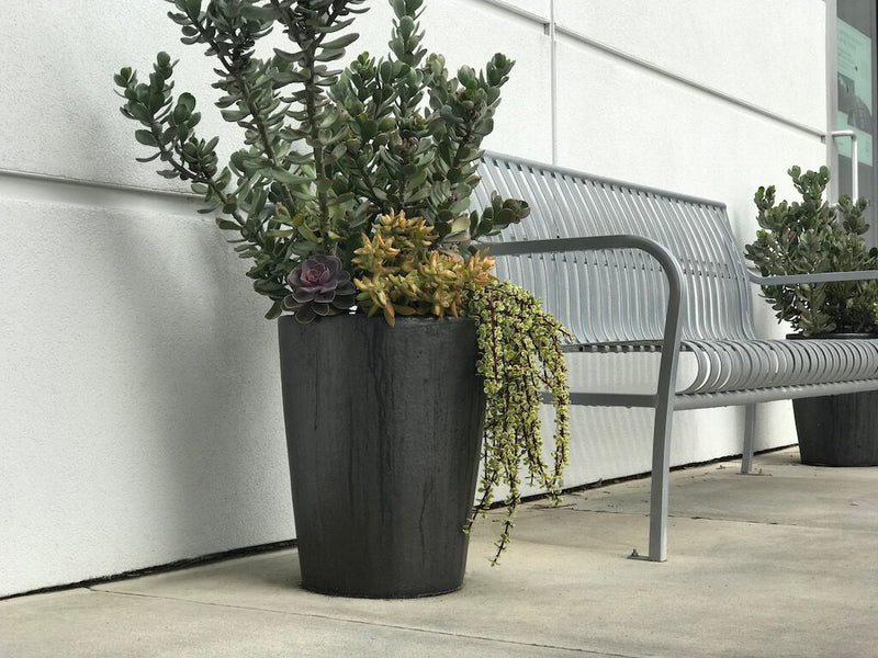 Short Flare low-profile stoneware planter glazed finish, wholesale garden center pottery by Habitudes